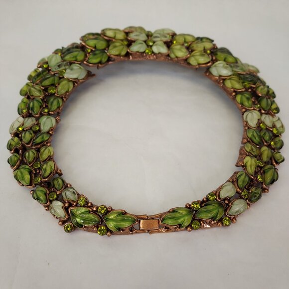 Vintage Copper Lucite Leaves Set Choker Necklace Post Earrings Green Rhinestone - Picture 8 of 16